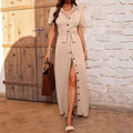 independent station  fashionnew arrivalautumpure color lapel waist tie backshirt slit dress for women