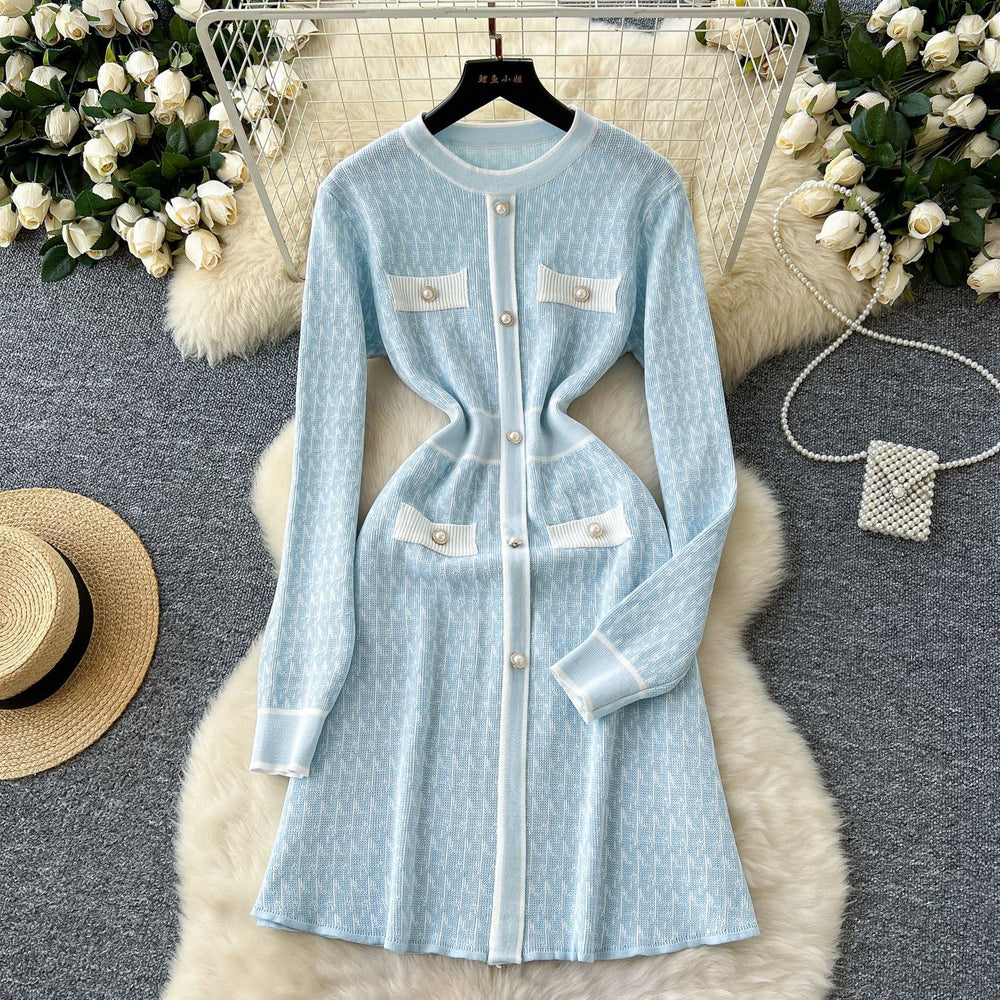 Autumn winternew arrival tweed style round neck pearl button waist contrast colorknittingdress women's long sleeveshigh waista-line skirt