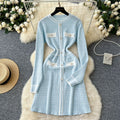 Autumn winternew arrival tweed style round neck pearl button waist contrast colorknittingdress women's long sleeveshigh waista-line skirt