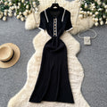 Korean style commute knit sweet & chic dress - women's short sleeve polo collar slim fit a-line dress - high-end design