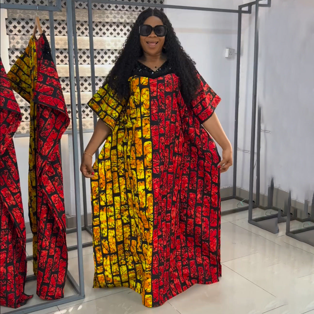 African women's plus size color block maxi dress - cross-border e-commerce, ,  - fleece beaded sequin dress