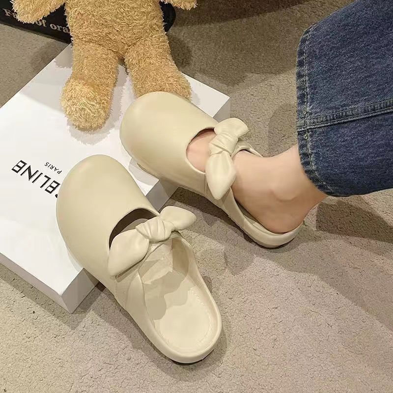 Bow-tie heeled slippers for women, perfect for summer wear. new 2024 style, these slip-on slippers are soft-soled, ideal for lounging at home or as stylish outdoor footwear