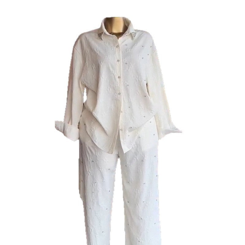 European and american cross-border women's fashion:  autumn new collection - stylish turn-down collar, rhinestone-embellished long sleeve blouse and wide-leg trousers casual set