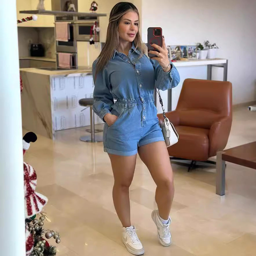 European and american export women's clothing:  cross-border women's jumpsuit - fashionable casual single-breasted long sleeve denim shorts