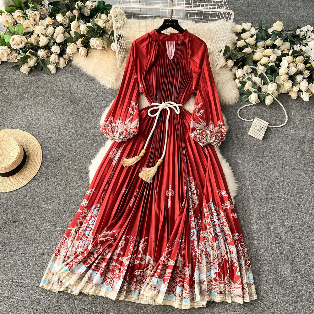 European and american retro court style design printed long dress with heavy pleating, puff sleeves, and pleated skirt - spring collection for women