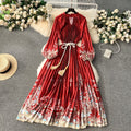European and american retro court style design printed long dress with heavy pleating, puff sleeves, and pleated skirt - spring collection for women
