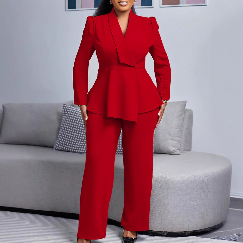 D549  women's  fall/winter new fashion suit collar long sleeve top & wide leg pants two-piece set