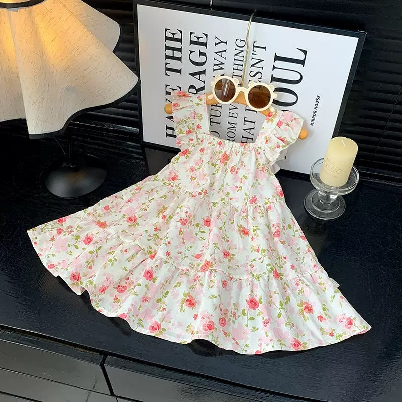 [family wear] children's cotton silk suspender dress sleeveless cake skirt summer thin flying sleeve western style floral skirt