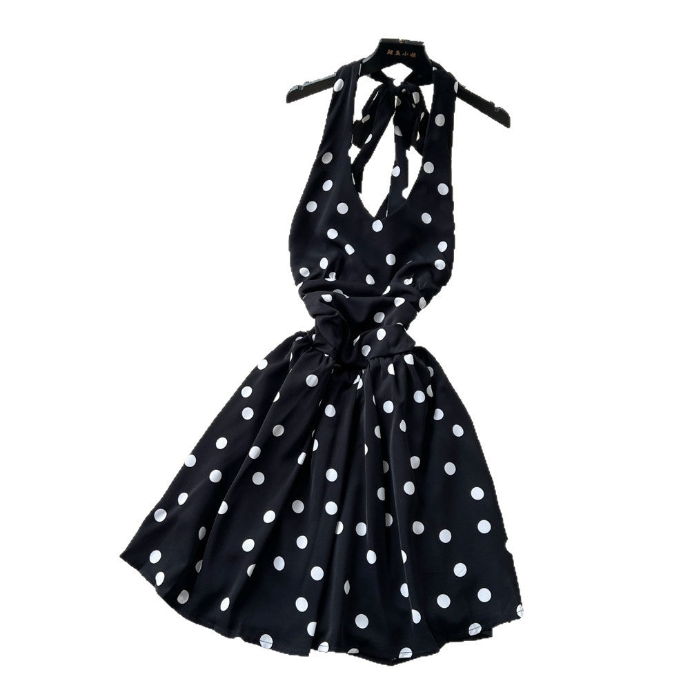 French sweet polka dot halter dress women's summer korean style v-neck backless tie-waist slimming mini dress