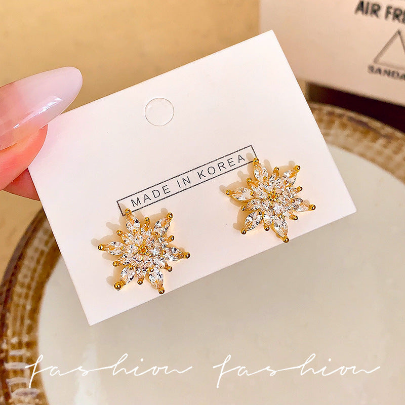 S925 sterling silver needle white zircon flower stud earrings - women's trendy, luxury, unique design, elegant and chic earrings