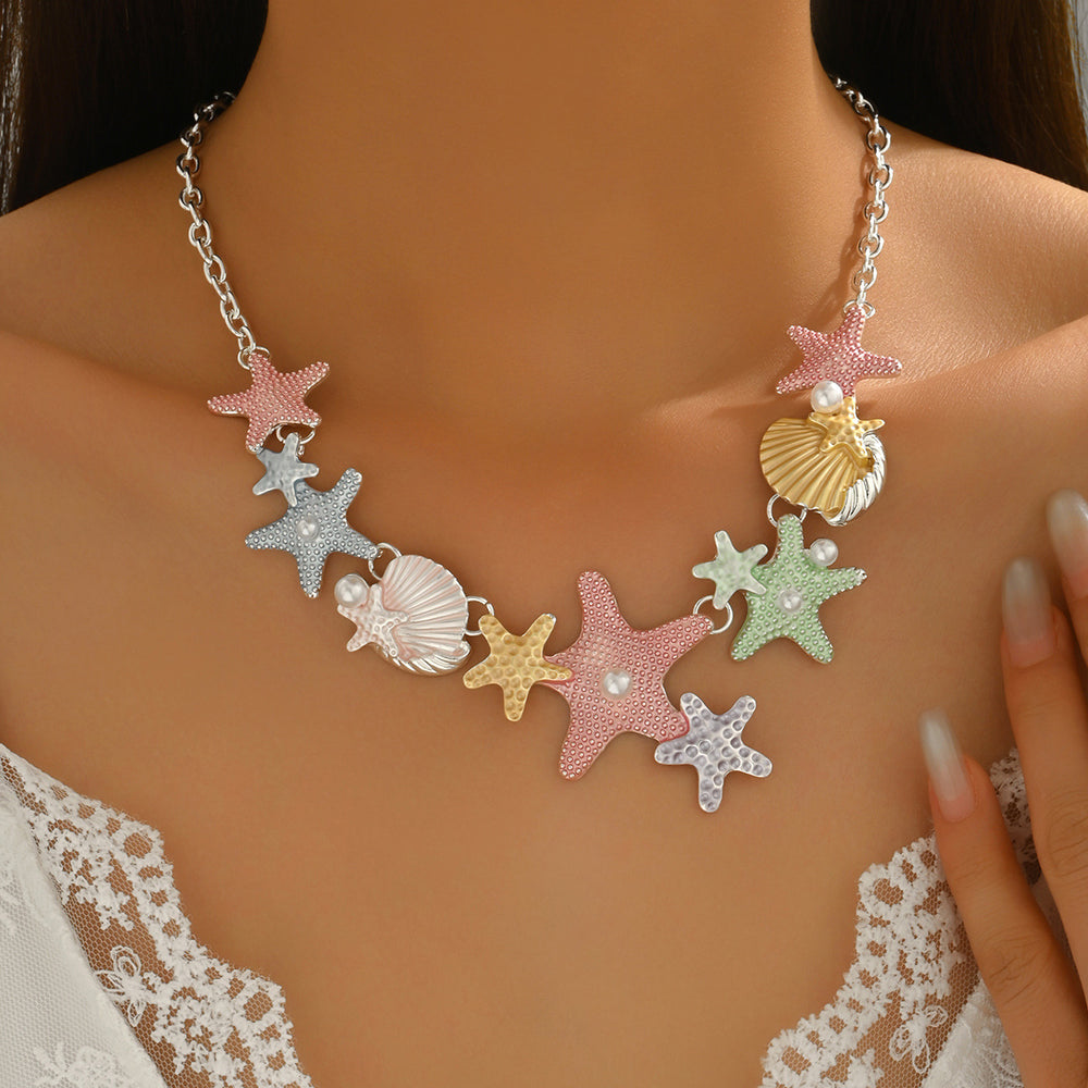 Wholesale seashell necklaces: european & american style starfish pearl choker - high-end beachy macaron pendant accessories for women's sweaters