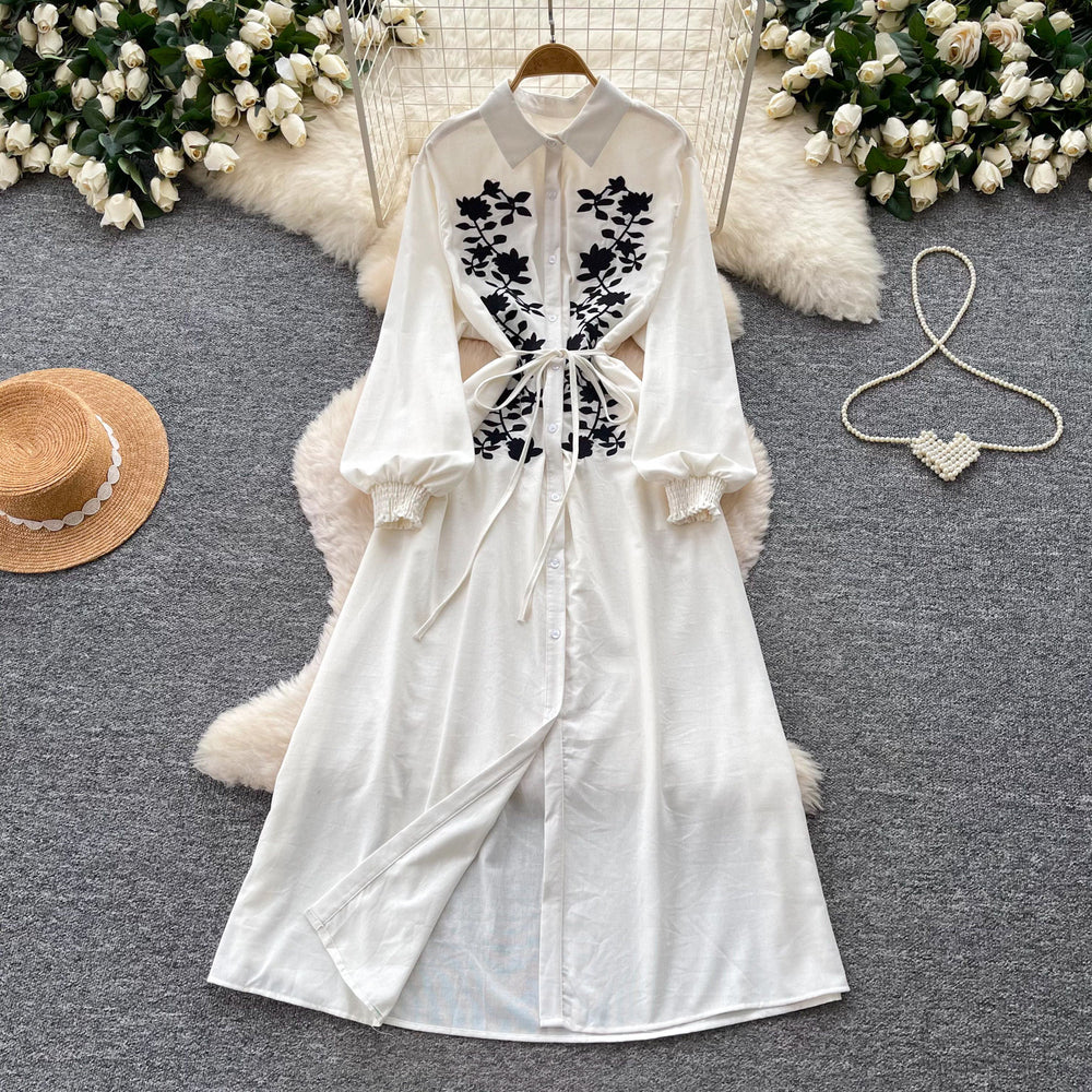 Retroartsyembroider silm type dress women's summerlong sleeves lapel waist a-line skirt slimming lookelegant long skirt