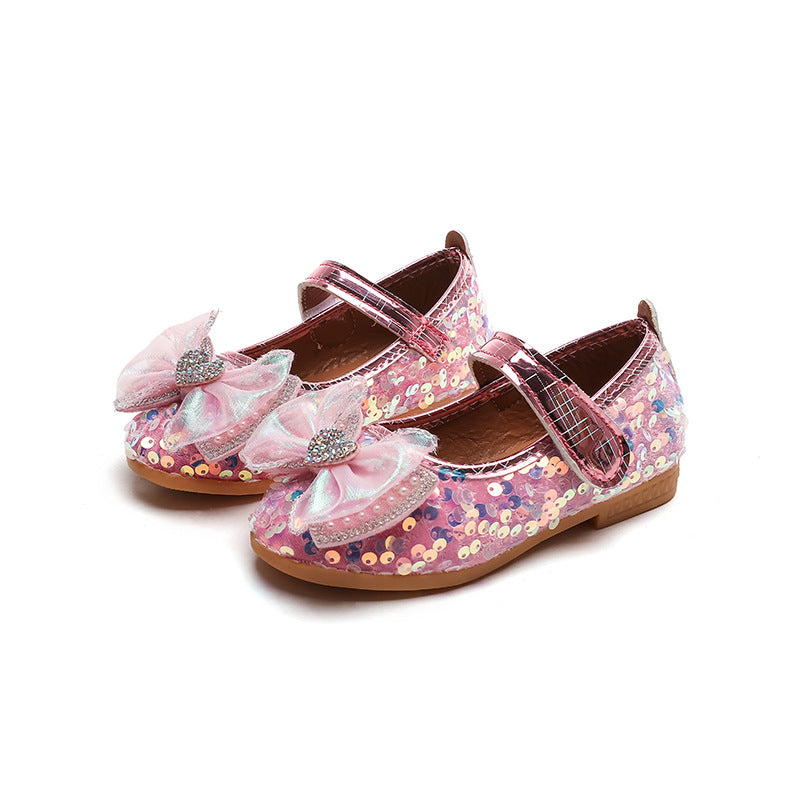 Girls'  spring new collection: sparkling soft-soled princess leather shoes for mid-to-large children - wholesale direct from the manufacturer, featuring hook-and-loop fasteners