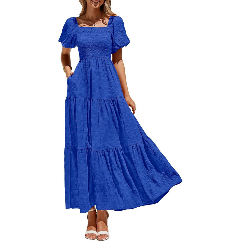 Amazon fashion short-sleeved square neck pleated dresssummernew arrivala-line elegant beach skirt