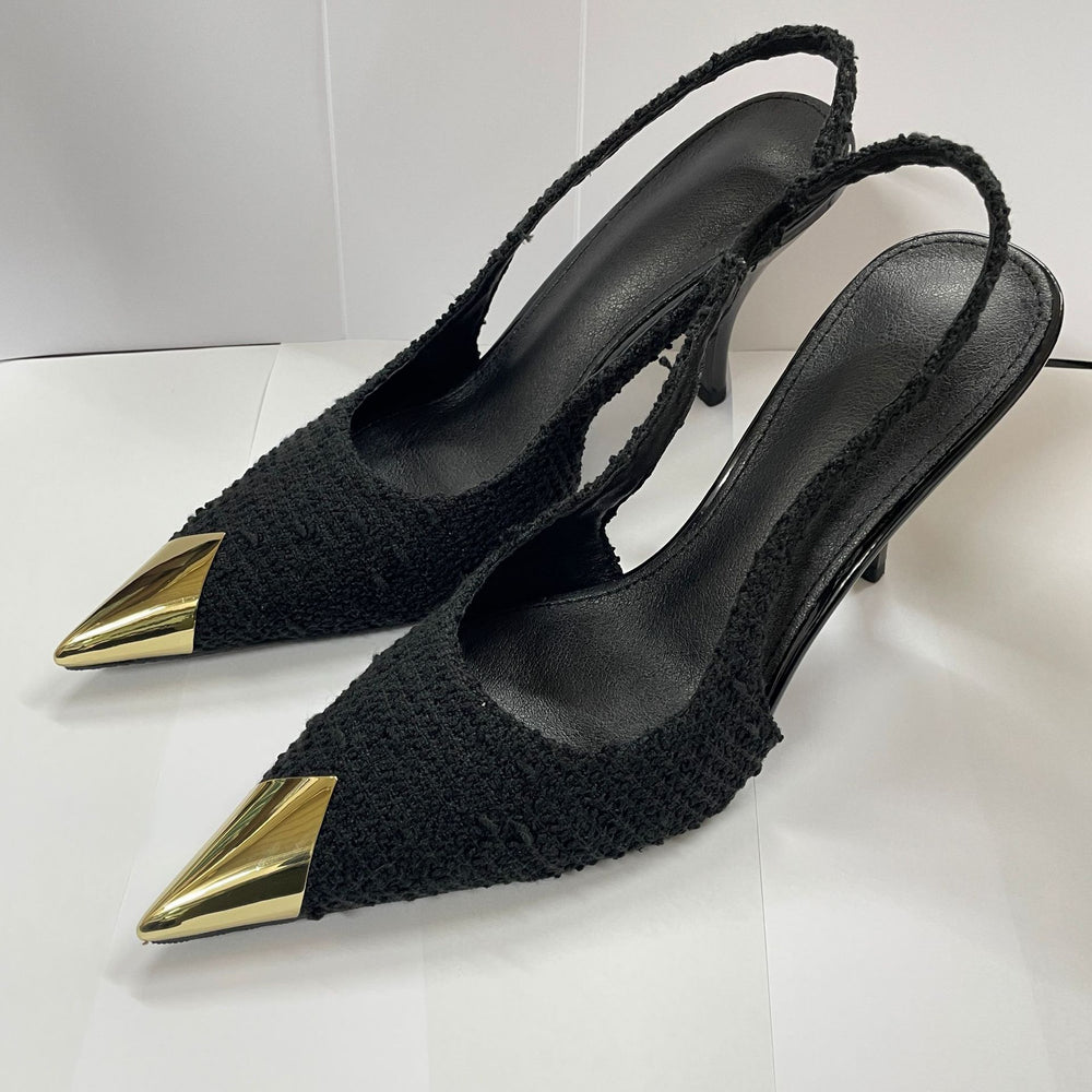 2026 women's stiletto heel rose gold metallic pointed toe pumps, spring black metal buckle strap sandals