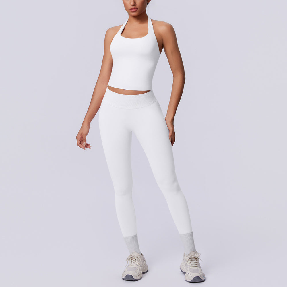 New arrival cross-border seamless pure color halter back tight-fitting suit sports running fitness yoga clothes two-piece set