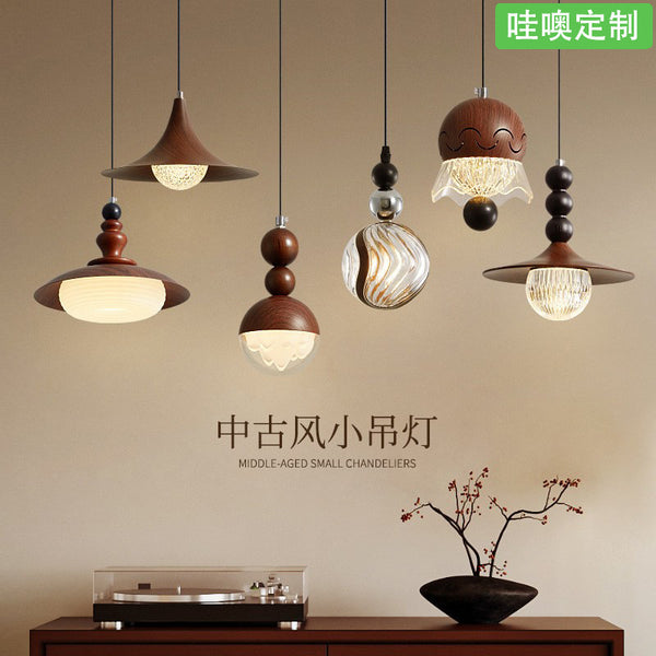 [Wow] Bedside small chandelier New Chinese-style medieval homestay bar chandelier wabi sandy wind walnut pattern lamp