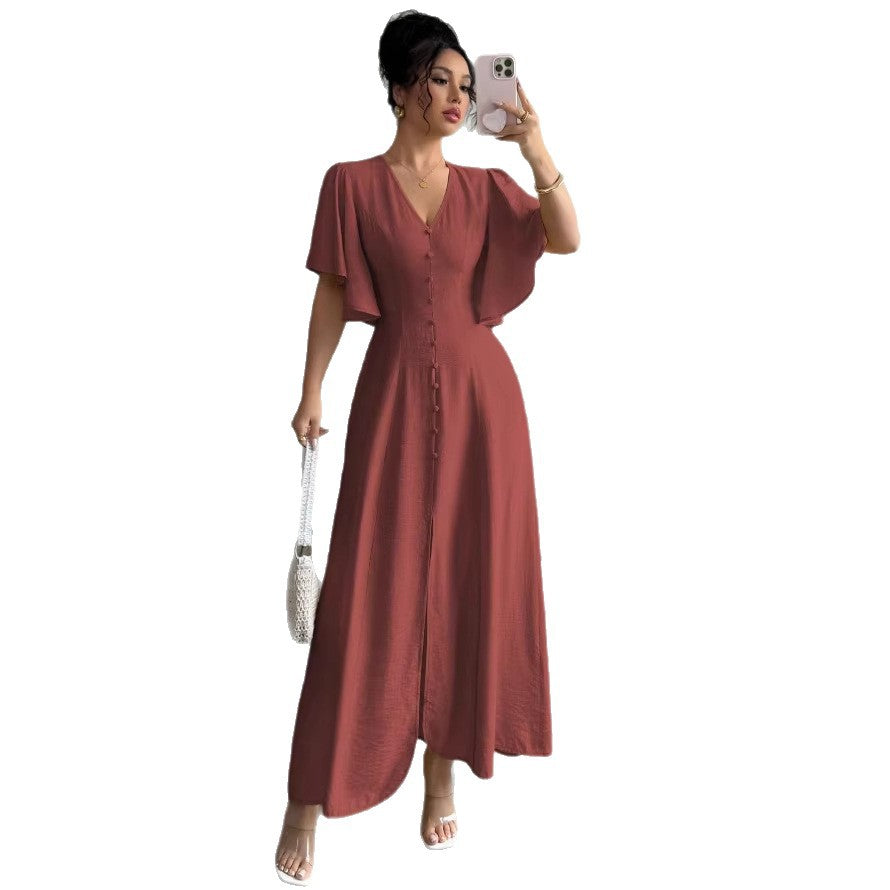cross-border fashion: european & american  style - elegant deep v-neck solid color single-breasted waist-cinching women's short-sleeve top