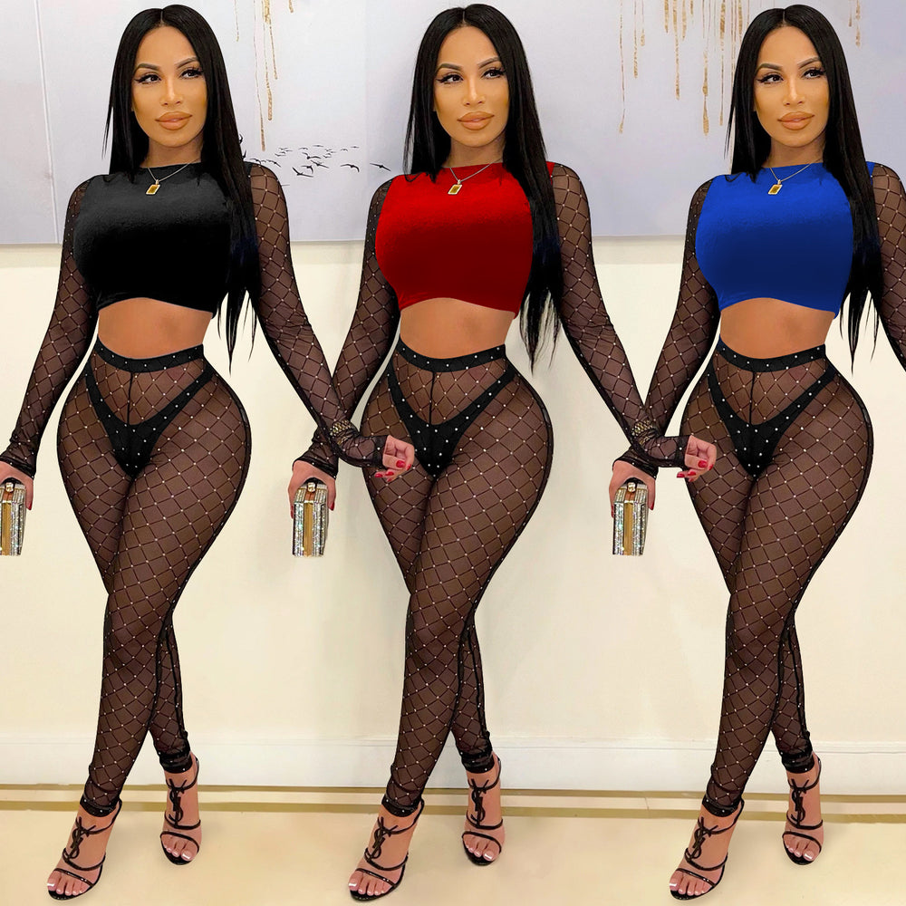X5561 european and american fashion new women's sexy color block long sleeve cropped top and mesh rhinestone pants two-piece set