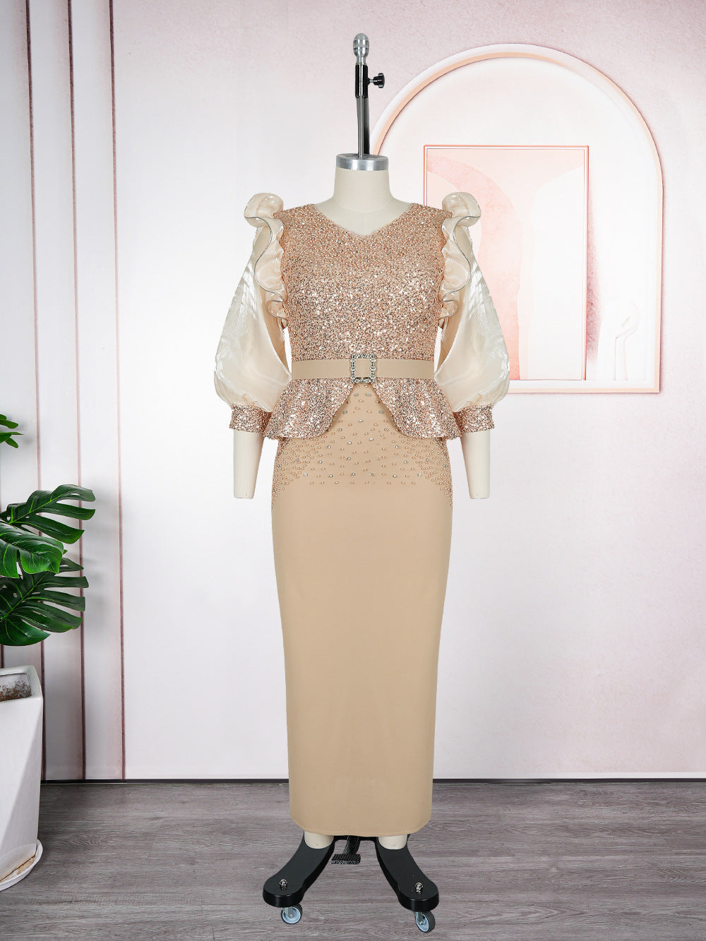African plus size women's fashion bubble sleeve dress - european and american style party evening beaded sequin high waist gown
