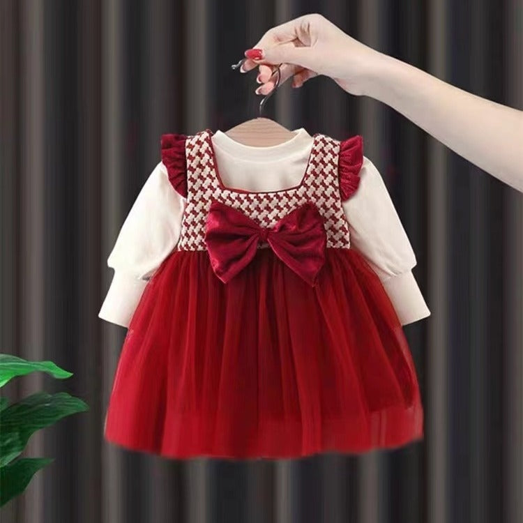 Girls' red bowknot dress - new spring/autumn style, faux two-piece, patchwork long sleeve, fashionable and cute princess dress - clearance sale!