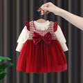 Girls' red bowknot dress - new spring/autumn style, faux two-piece, patchwork long sleeve, fashionable and cute princess dress - clearance sale!