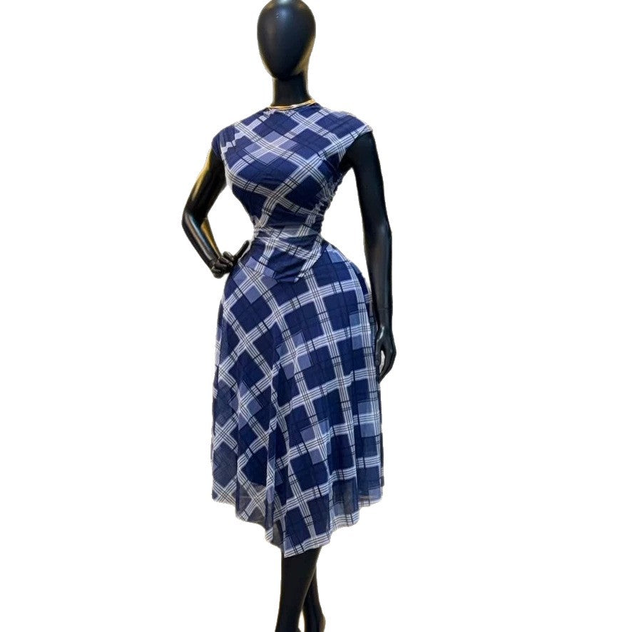 European and american cross-border women's fashion  summer new arrival: elegant retro round neck plaid top and asymmetrical midi skirt set