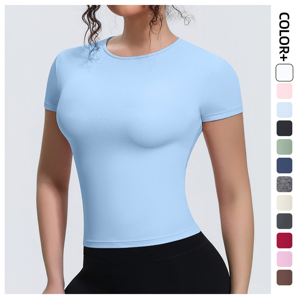 new arrival sports nude waist silm short-sleeved breathable yoga clothes t-shirt running training fitness tops for women