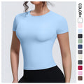 new arrival sports nude waist silm short-sleeved breathable yoga clothes t-shirt running training fitness tops for women