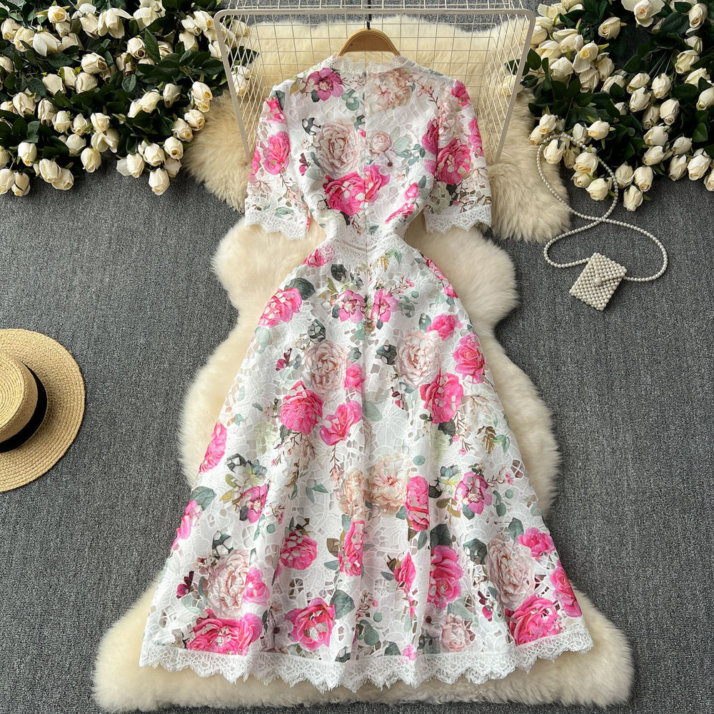 High-end women's summer  new french retro elegant lace patchwork printed waist-cinching chic evening dress