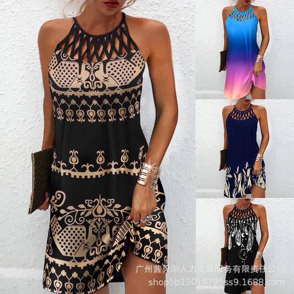 New 2022 women's clothing European and American new hollow printing sleeveless casual skirt