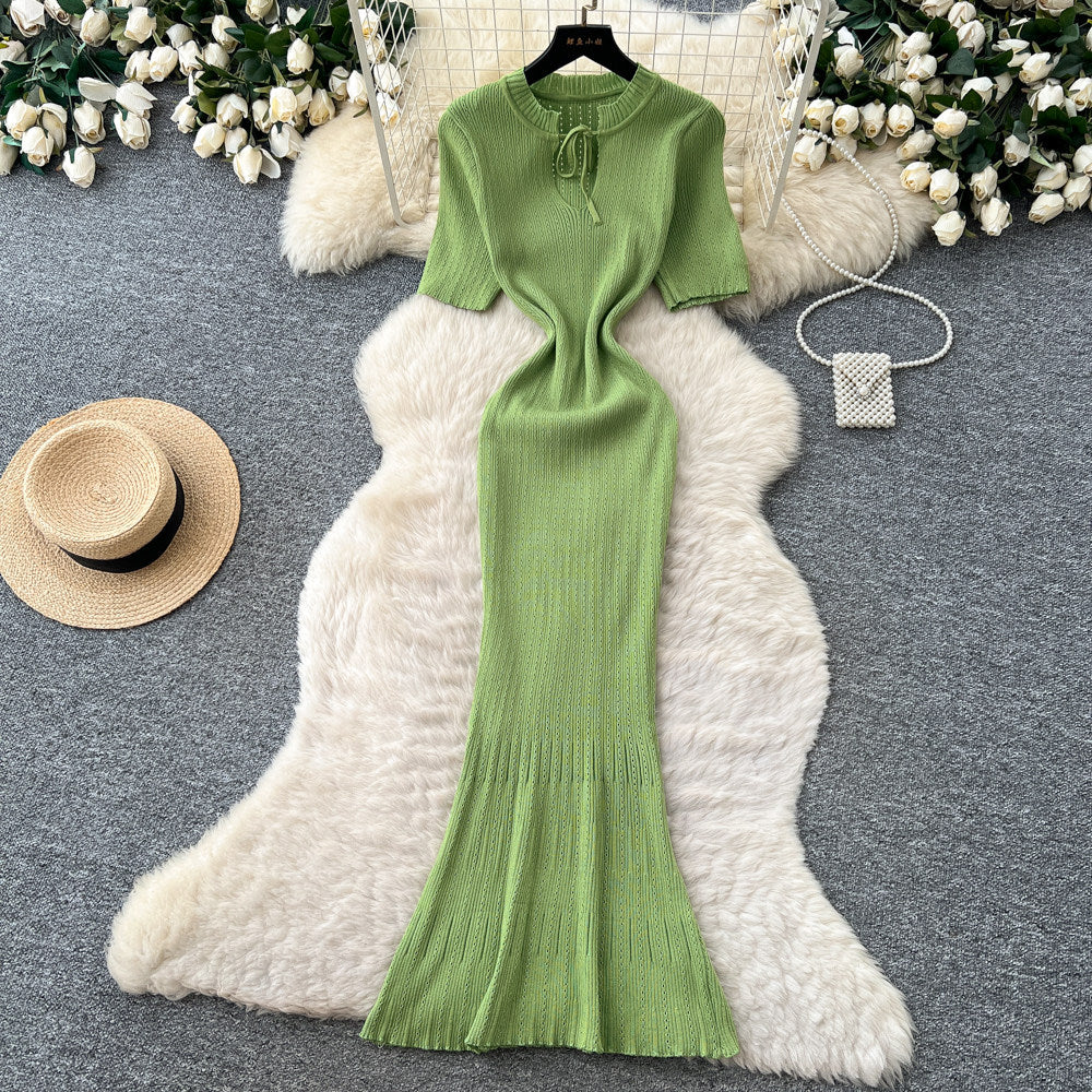 Korean style knitted hollow-out breathable dress - women's summer short sleeve, slim fit a-line maxi dress - mature & elegant style for work and casual wear