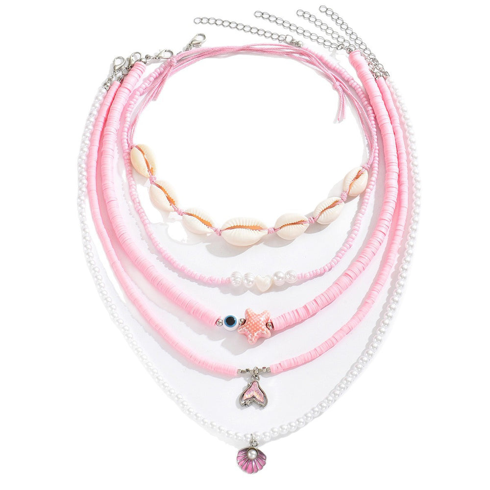 Wholesale pink shell necklace - european and american style, beach vacation vibe, fashionable beaded starfish pearl layered necklace for women