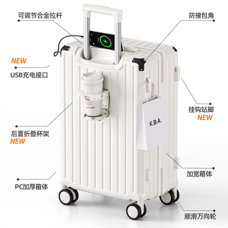 Luggage 24-inch multi-functional suitcase with cup holder, strong and durable trolley case 20-inch password box, large capacity