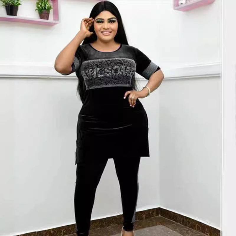 Special offer: factory direct, export-quality, fashionable african women's velvet top and pencil pants slim-fit set with hotfix rhinestones