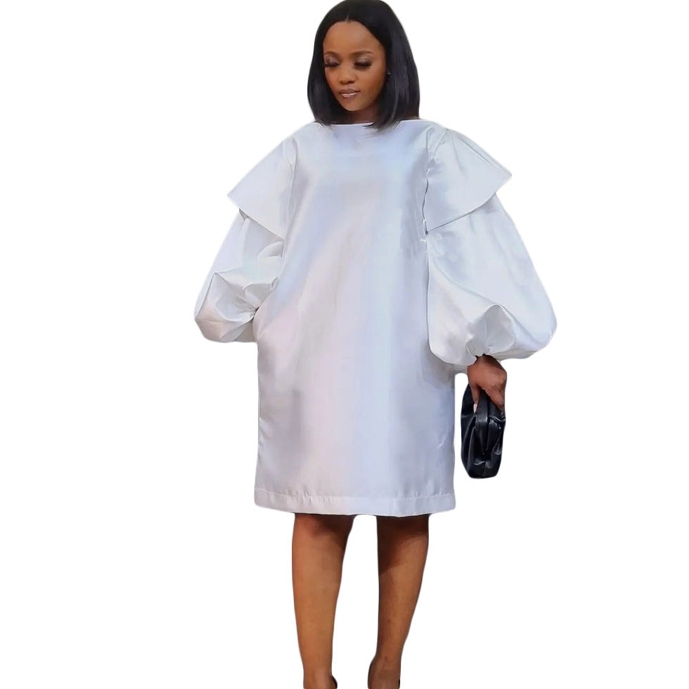 D3075 independent station  cross-border spring/summer new arrival solid color puff sleeve loose casual plus size european and american style dress
