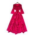 Korean style ruffle trim pleated bow dress - women's long sleeve tie-waist design a-line dress - rose red