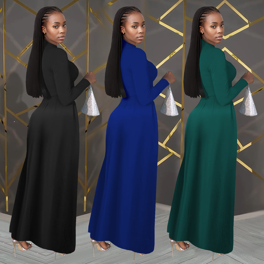 C7411 cross-border   fashion women's elegant waist-cinching criss-cross collar long-sleeve dress