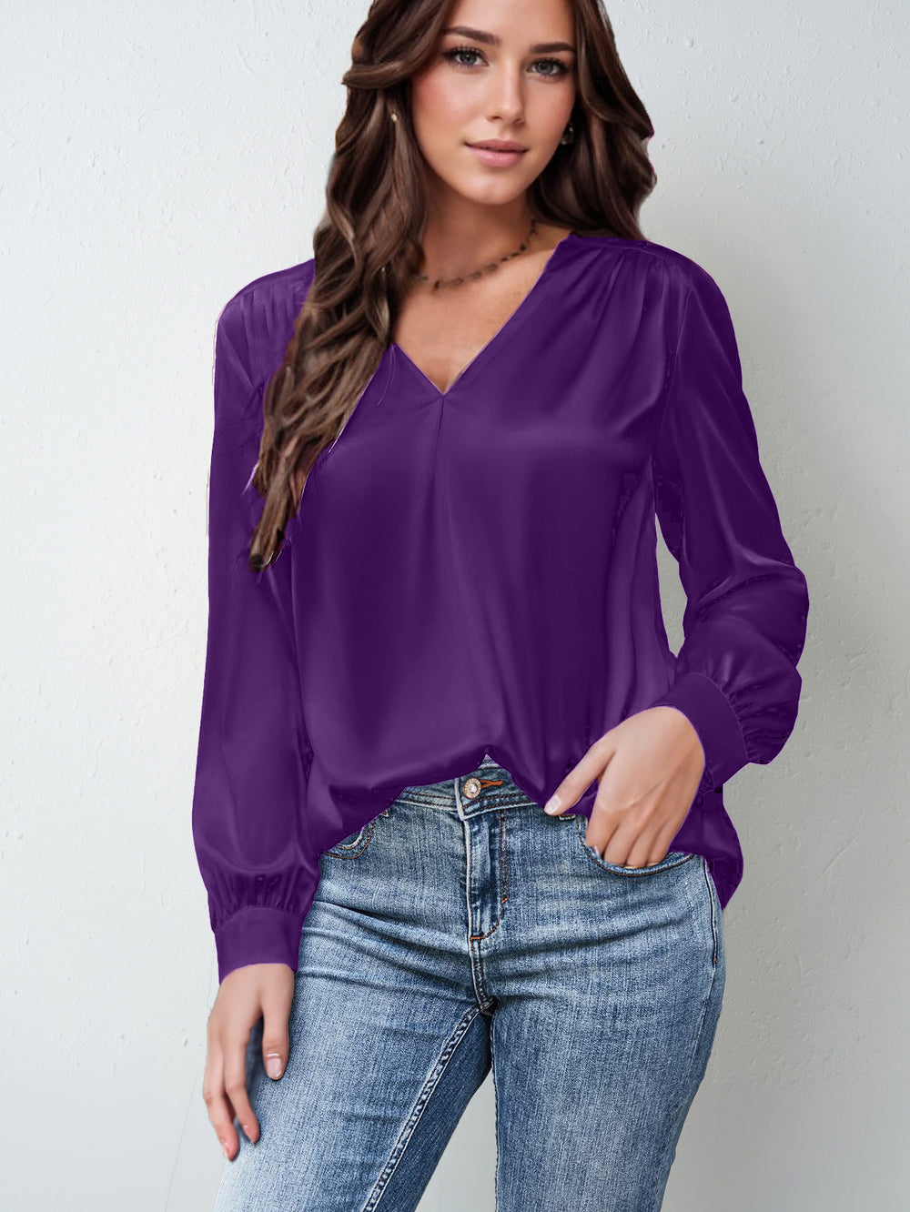 hot-selling women's satin ruched long sleeve top - v-neck casual loose satin commute blouse