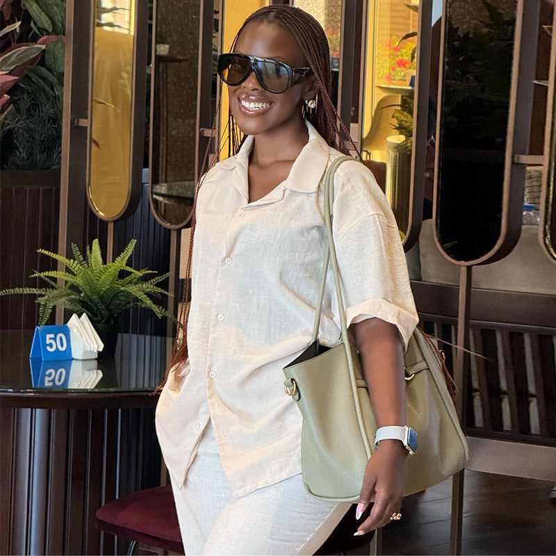 European and american cross-border women's fashion:  summer new arrival - stylish turn-down collar loose solid color shirt and high-waisted trousers casual set