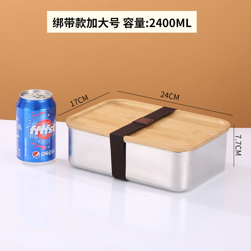 304 stainless steel Japanese fresh-keeping box with bamboo cover storage refrigerator storage rectangular wooden cover lunch box stainless steel box