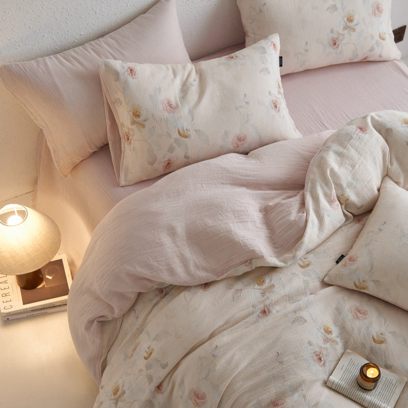 Spring new product Class A cotton three-layer yarn four-piece quilt cover bed sheet pastoral pure cotton dormitory three-piece bedding