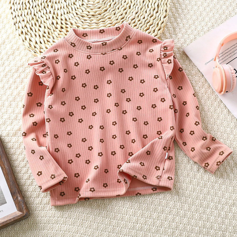 Girls' fall/winter floral print undershirt - girls' flutter sleeve autumn t-shirt - versatile trendy flutter sleeve undershirt for little girls