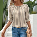 summer cross-border european and american women's textured striped top with single-row button-down back, tie-up detail, and ruffle sleeves - loose fit blouse