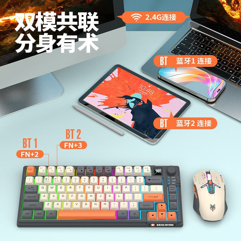 Dazzling silver fox k920 wireless bluetooth dual-mode mechanical feel keyboard and mouse combo with display knob and tri-color design