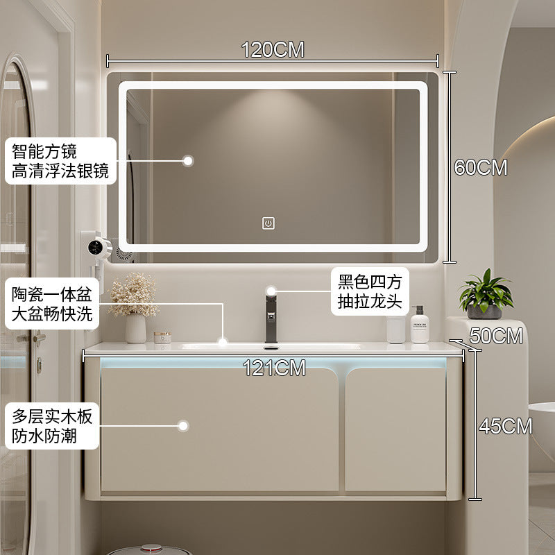 陶瓷一体盆浴室柜组合奶油风卫生间洗漱台洗手池盆柜实木卫浴柜新