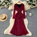 Frenchretrov necklong sleevesdress women's fall and winternew arrivalclassy sense silm waist pleated royal sister long skirt