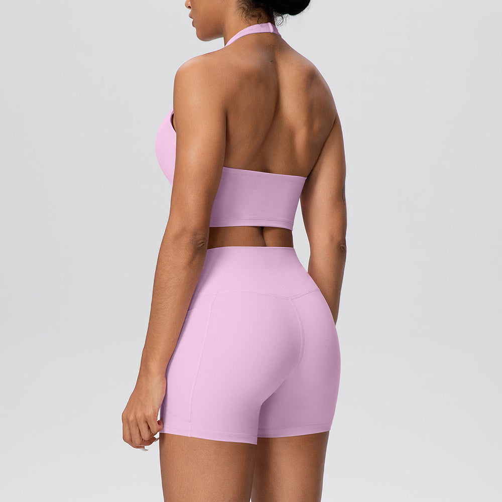 New arrivalnude halter back high waist hip pocketshorts yoga wear tight sports suit running fitness wear