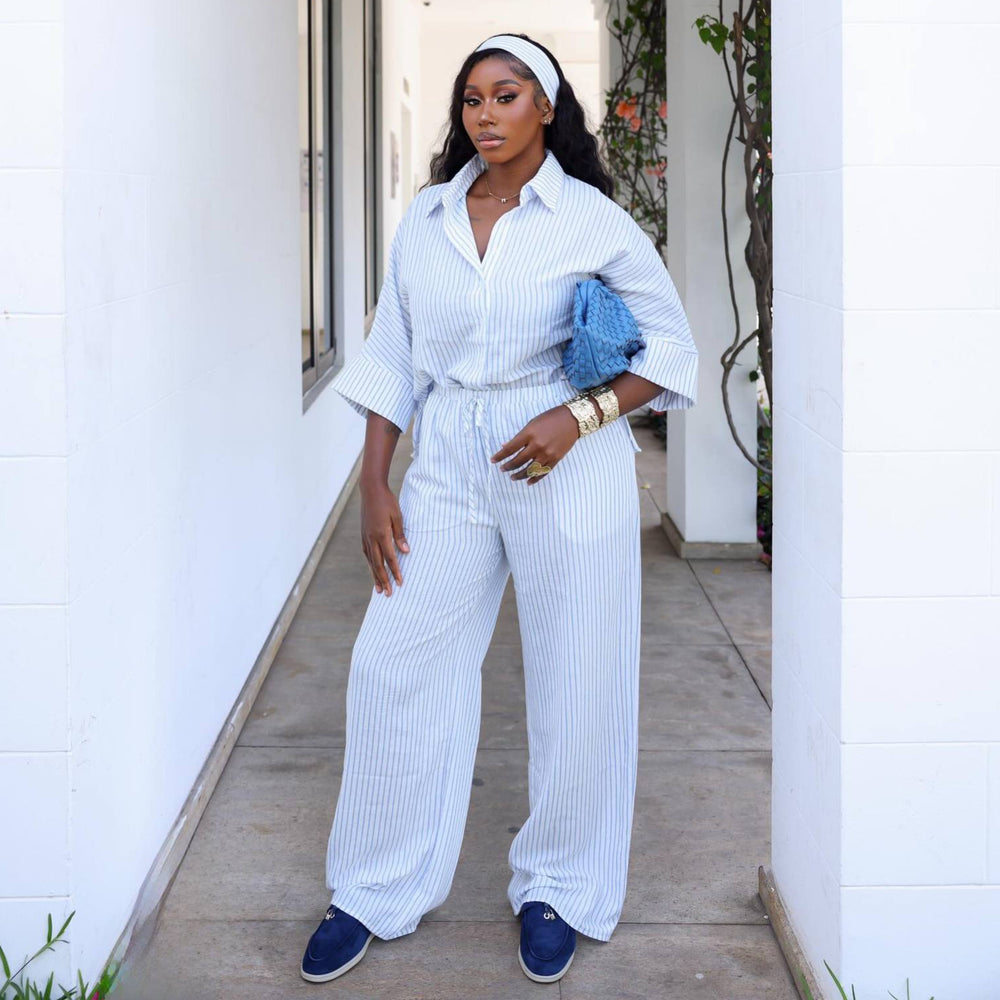 European and american cross-border women's fashion:  summer new arrivals - stylish striped oversized shirt and wide-leg pants casual set