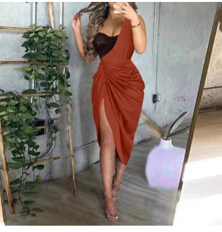 european and american cross-border   women's sexy sequin slit ruched one-shoulder evening gown